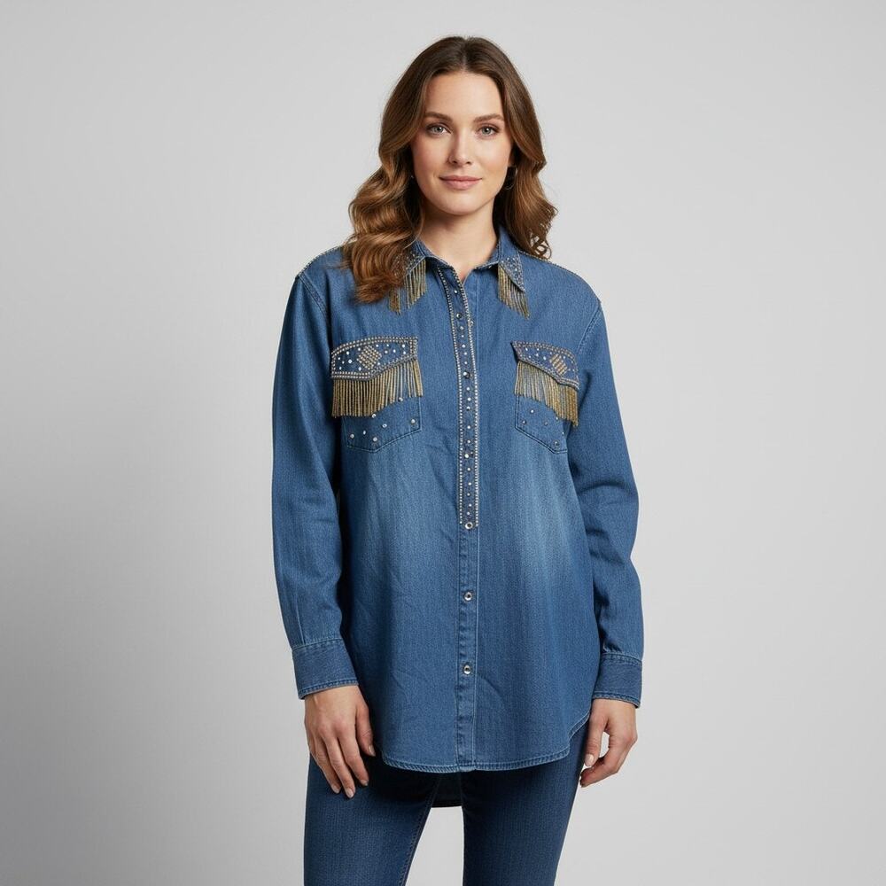 Vintage LORI ZONI Studded Gold Fringe Tassel Western Blue Denim Shirt Medium